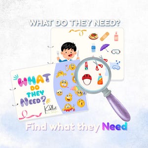 Pode incluir: Um jogo educativo ilustrado com o texto "WHAT DO THEY NEED?" e "Find what they Need". A imagem apresenta uma criança segurando um garfo e uma faca, e uma lupa destacando vários itens.
