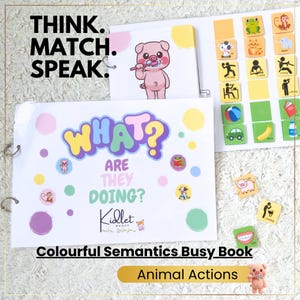 May include: A spiral-bound educational busy book titled THINK. MATCH. SPEAK. WHAT? ARE THEY DOING? featuring colourful illustrations of animals and action icons. The set includes a collection of small square cards depicting various animals and activities.