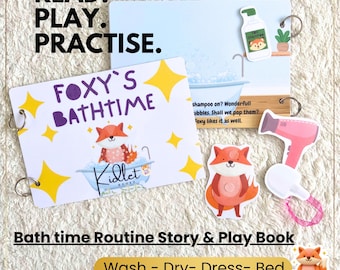May include: A Foxy's Bathtime story and play book with metal ring bindings. The cover features a fox in a bathtub, yellow stars, and the text Read. Play. Practise. Includes a detachable fox figure, a pink hair dryer, and a shampoo bottle graphic.