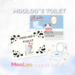 Könnte beinhalten: Ein Kinderbuch mit dem Titel "Mooloo's Toilet" mit einer Kuh-Illustration. Das Cover zeigt den Titel, eine Kuh-Grafik und schwarz-weiße Kuhflecken. Das Bild zeigt auch eine Cartoon-Toilette und den Text "Mooloo needs help!"