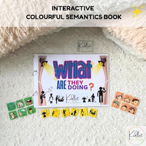 May include: An interactive, colorful semantics book titled "What Are They Doing?" with illustrations and matching cards. The book is open, showing a stage design with spotlights. Additional cards feature images of people and objects.