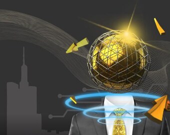 Può includere: Immagine digitale di un uomo in giacca e cravatta dorata con una sfera dorata al posto della testa. Il testo "THE ARTIFICIAL INTELLEGENCE GUIDE OFFICIAL" è in giallo. Lo sfondo è grigio scuro.