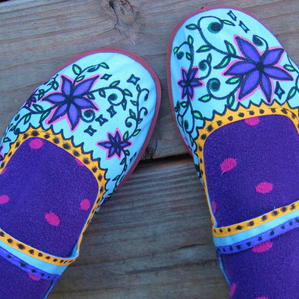 Sweet MaryJanes/Hanpainted Canvas Shoes/House Slippers/Hippie/Boho/Size 7 to 7 1/2