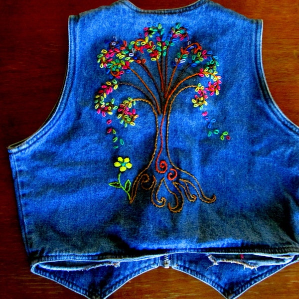 Tree Of Life / Vintage Jean Vest / Embroidered Vest / Hippie / Boho / Vintage Jean Top / Wearable Art / Womens Jean Vest/ Cotton Vest