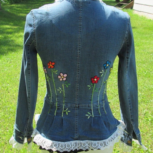 Womens Jean Jacket / Hippie Jean Jacket / Upcycled Jean Jacket / Hand Embroidered Flowers / Embroidered Jean / Bohemian Jacket / Hippie Coat