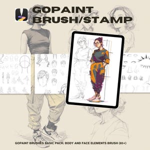 Puede incluir: Ilustración de arte digital con una tableta que muestra un dibujo colorido de una persona con un mono naranja. La imagen incluye el texto "GOPAINT BRUSH/STAMP" y "GOPAINT BRUSHES BASIC PACK: BODY AND FACE ELEMENTS BRUSH (65+)".