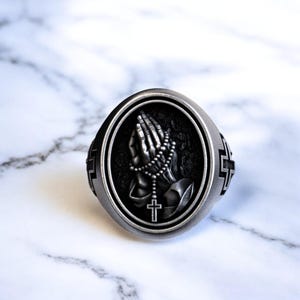 Striking Prayer Hands Ring, 925 Silver Religious Statement Jewelry, Cross Praying Hands  Handcrafted Unisex Christian Symbol Faith Ring