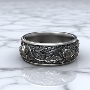Lotus Flower Ring, Handcrafted 925 Sterling Silver Band, Unisex Floral Nature Inspired Jewelry Gift, Japanese Lotus Flower Kanji Silver Ring