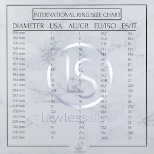 May include: An international ring size chart with millimeter measurements, USA, AU/GB, EU/ISO, and ES/IT sizes. The chart includes ring diameters from 15.6 mm to 24.0 mm, with corresponding sizes for each region. The text "lawlesssilver" is visible.