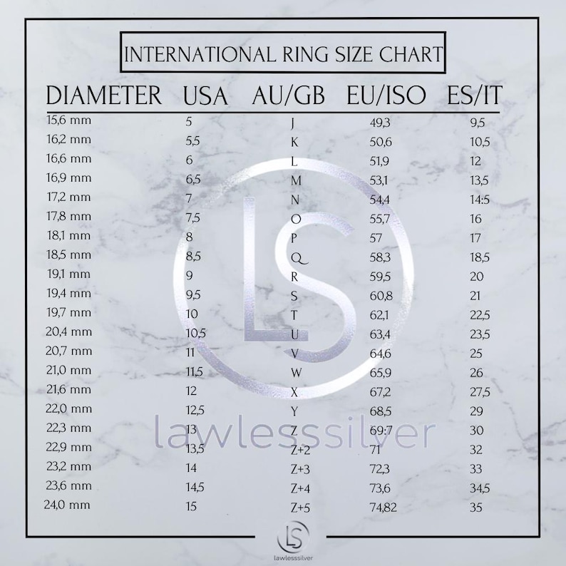 May include: An international ring size chart with millimeter measurements, USA, AU/GB, EU/ISO, and ES/IT sizes. The chart includes ring diameters from 15.6 mm to 24.0 mm, with corresponding sizes for each region. The text "lawlesssilver" is visible.