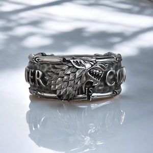 Winter is Coming Ring, Embrace the Saga with This Unique 925 Sterling Silver Statement Band, Wolf Stark Emblem Jon Snow Silver Ring