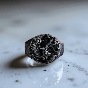 Majestic Dragon Ring - Handcrafted Sterling Silver Men&#39;s Signet Ring, Unique Fantasy Jewelry Gift for Him