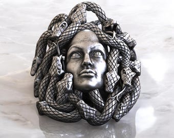 Handmade Sterling Silver Medusa Signet Ring, Mythological Snake Jewelry