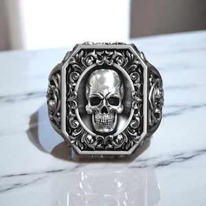 Baroque Skull Ring, Sterling Silver Octagon Skull Signet Ring, Intricate Biker Jewelry, 925 Silver Handmade Ring