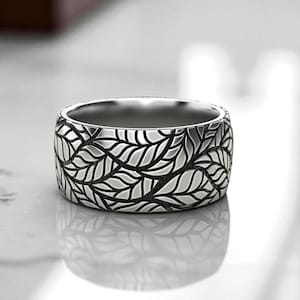 Leaf Pattern Silver Ring – 925 Sterling Wide Band Ring, Unique Handmade Nature Inspired Jewelry Gift for Men and Women