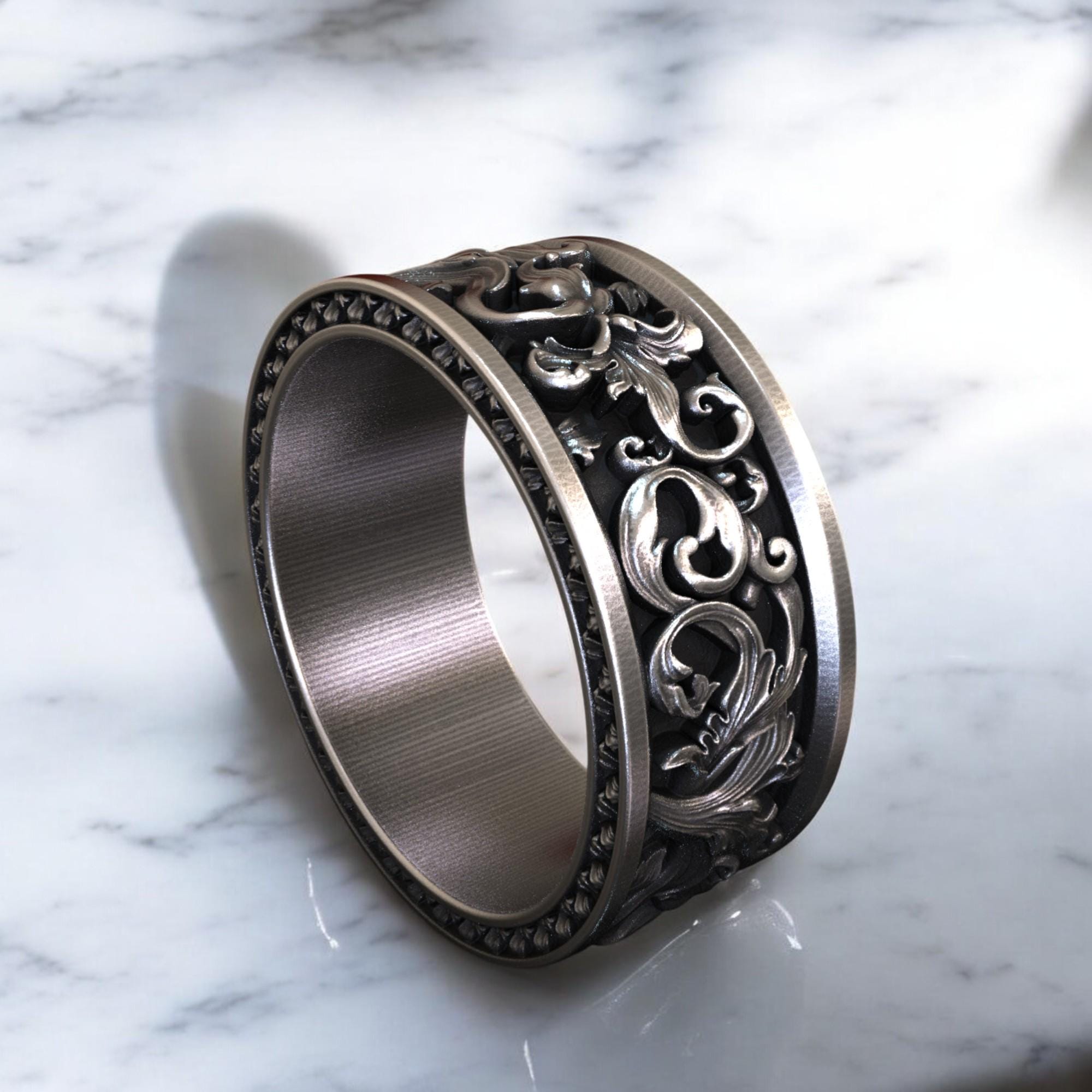 Oxidized Sterling Silver Acanthus Leaf Ring, Victorian Floral Band