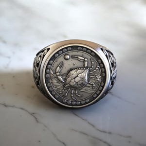 Cancer Zodiac Signet Ring, 925 Sterling Silver, Handmade Astrology Jewelry