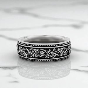 Floral Silver Ring – 925 Sterling Silver Engraved Wedding Band, Handmade Nature Inspired Ring, Unique Men’s and Women’s Jewelry Gift