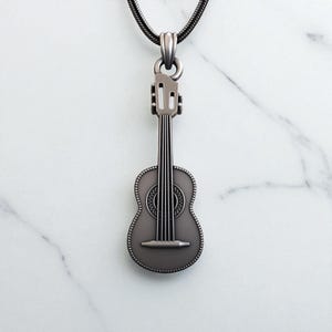 Guitar Sterling Silver  Pendant, Detailed Musical Instrument Necklace, Unique Gift for Musician, Handcrafted Men&#39;s Jewelry