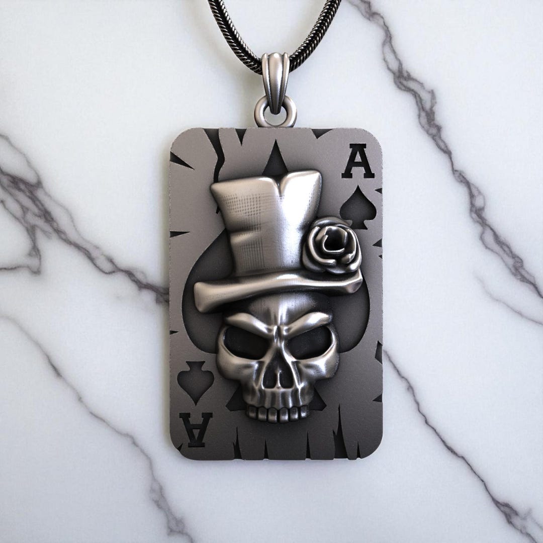 Sterling Silver Ace of Spades Skull Pendant - Biker Gothic