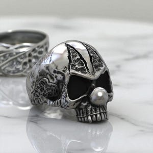 Clown Skull Ring in 925 Sterling Silver, Pearl Nose Handcrafted Gothic Skull Ring with Natural  Accent, Unique Biker Statement Jewelry Gift
