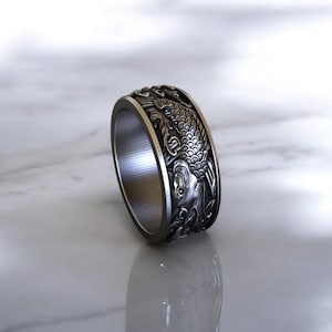 Künstlerischer Koi Fisch-Ring, 925 Sterlingsilber geschnitzte Band für einzigartigen Stil, Karpfen und Wellen mit zwei Koi Fisch-Silber-Männerband, japanischer Ring