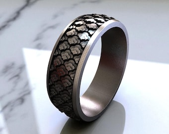Handcrafted Sterling Silver Scale Pattern Ring, Unisex Band