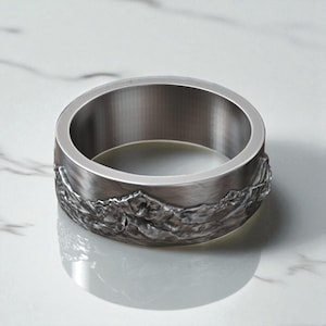 Mountain Range Ring, Silver Nature Wedding Band, Men&#39;s Outdoor Promise Ring, Hiker Gift for Him, Rustic Landscape Jewelry, Adventure Awaits