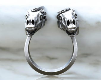 馬の頭のリング スターリングシルバーまたはアンティークブロンズの馬