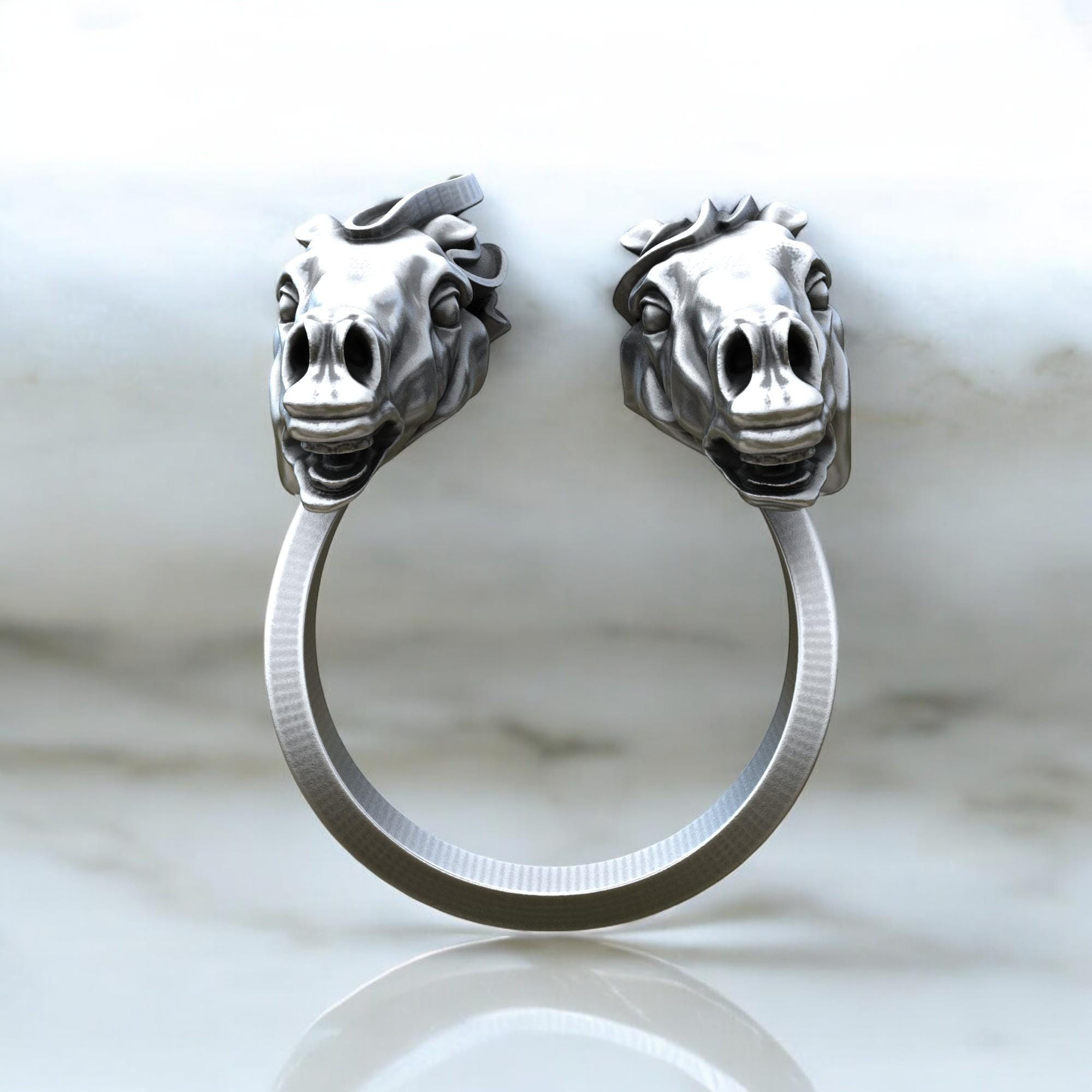 Bague Argent Massif Avec Double Tête De Cheval - Modèle T52, Style Vintage