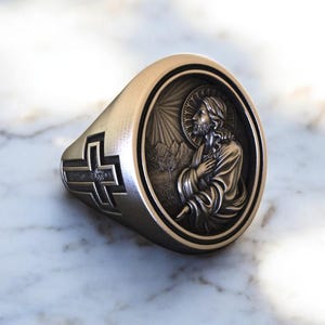 Jesus Blessing Ring, Unique 925 Silver Religious Signet Band, Sterling Silver Cross Base Jesus Signet  925 Christian Faith Jewelry
