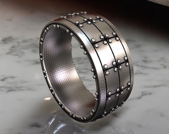 Industrial Armor Ring, 925 Silver Riveted Band, Wide Military Style Men&#39;s Ring, Unique Mechanic Jewelry, Statement Wedding Band for Him