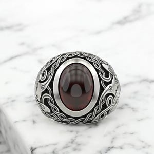 Garnet Silver Ring – 925 Sterling Oval Red Gemstone Signet Band, Intricate Vine Filigree Statement Jewelry Gift