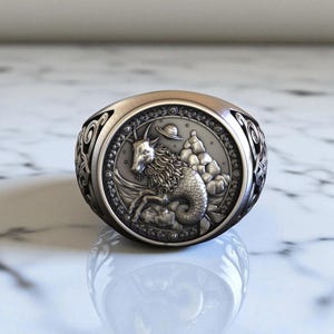 Capricorn Zodiac Ring, 925 Sterling Silver Sea-Goat Signet Ring, Unique Astrological Heritage Jewelry, Artisanal Capricorn Zodiac Jewelry