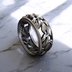 Silver Leaf Engraved Ring, Nature Inspired Wedding Ring, Forest Ring, Leaves Wedding Band, Handmade Jewelry, Engagement Ring Gift Idea