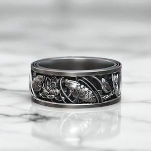 Koi Fish Ring, Handmade 925 Silver Lotus Flower Band, Oxidized Japanese Inspired Good Luck Jewelry, Unique Statement Ring for Men
