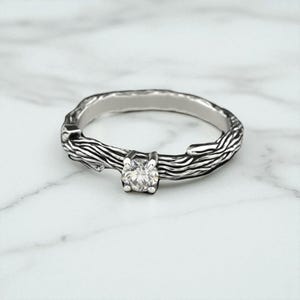 Twig Engagement Ring, 925 Sterling Silver with Round Cut Stone – Nature Inspired Unique Handmade Wedding Promise Ring for Her