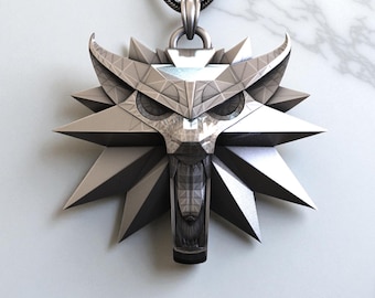 Collier pendentif loup sorceleur fait main en argent sterling - Amulette géométrique