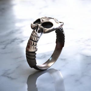 Double Skull Head Sterling Silver Men Adjustable Ring, Anatomical Skull Silver Ring - Detailed Sterling Gothic Mens Biker, Skull Biker Ring