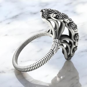 Rose Blüte Ring, Komplizierte 925 Sterling Silber Floral Statement Band, Atemberaubende Blume graviert, Oxidierte Silber Rose, Floral Schmuck Elegant