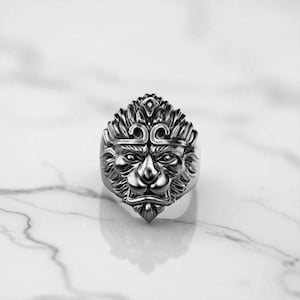 Monkey King Ring – Wukong Silver Ring - 925 Sterling Silver Majestic Monkey Head Statement Ring, Handmade Symbolic Jewelry for Men & Women