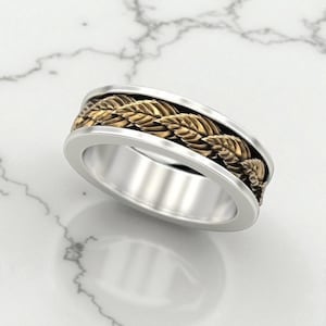 Leaf Pattern Silver Ring - 925 Sterling Silver Men&#39;s Wedding Band, Nature Inspired Handmade Jewelry, Unique Gift for Him, Botanical Ring