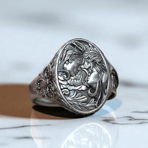 Lovers Ring 925 Sterling Silver Romantic Signet Ring, Handmade Love Jewelry, Unique Wedding Band, Couple Ring Gift, Artistic Silver Ring