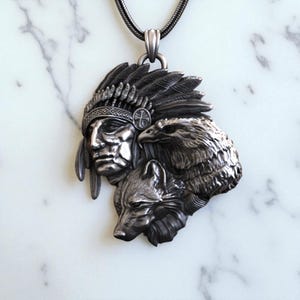 Native Chief Necklace, 925 Silver Wolf and Eagle Pendant, Oxidized Spirit Animal Jewelry, Tribal Medallion, Amulet for Men, Gift for Him