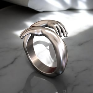 Sterling Silver Hug Ring- Silver Love Hugging Hand Stackable Ring, Love Hug Ring, Couple Ring, Lover Ring, Adjustable Love Hug Ring