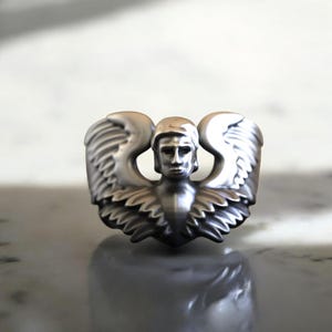 Angel Wing Ring, Majestic 925 Sterling Silver Guardian Angel Men&#39;s Ring, Handcrafted Statement Jewelry Gift, Sphinx Angel Mythology Jewelry