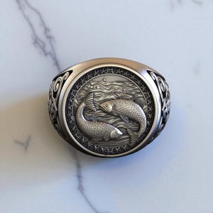 Pisces Zodiac Ring, 925 Sterling Silver Two Fish Signet Ring, Unique Dreamy Astrology Jewelry Gift, Handmade Pisces Unique Zodiac Jewelry
