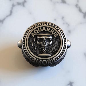 Aquarius Skull Ring, 925 Sterling Silver Memento Mori Zodiac Ring, Gothic Astrology Gift, Aries Signet Memento Mori Zodiac Astrology Jewelry
