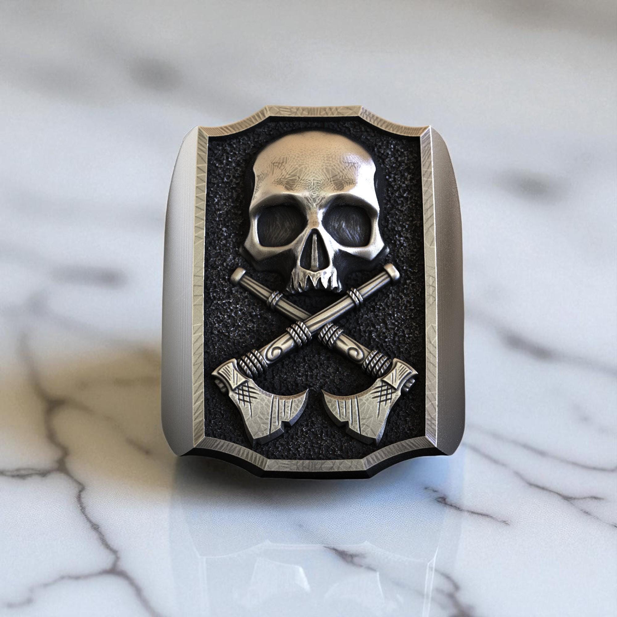Skull Silver Ring, Viking Axes, Gothic Biker Signet, Handmade - Etsy