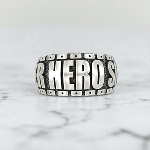 Super Hero Ring 925 Sterling Silver Bold Letter Band, Handmade Statement Jewelry, Unique Mens Biker Ring, Custom Engraved Silver Ring Gift